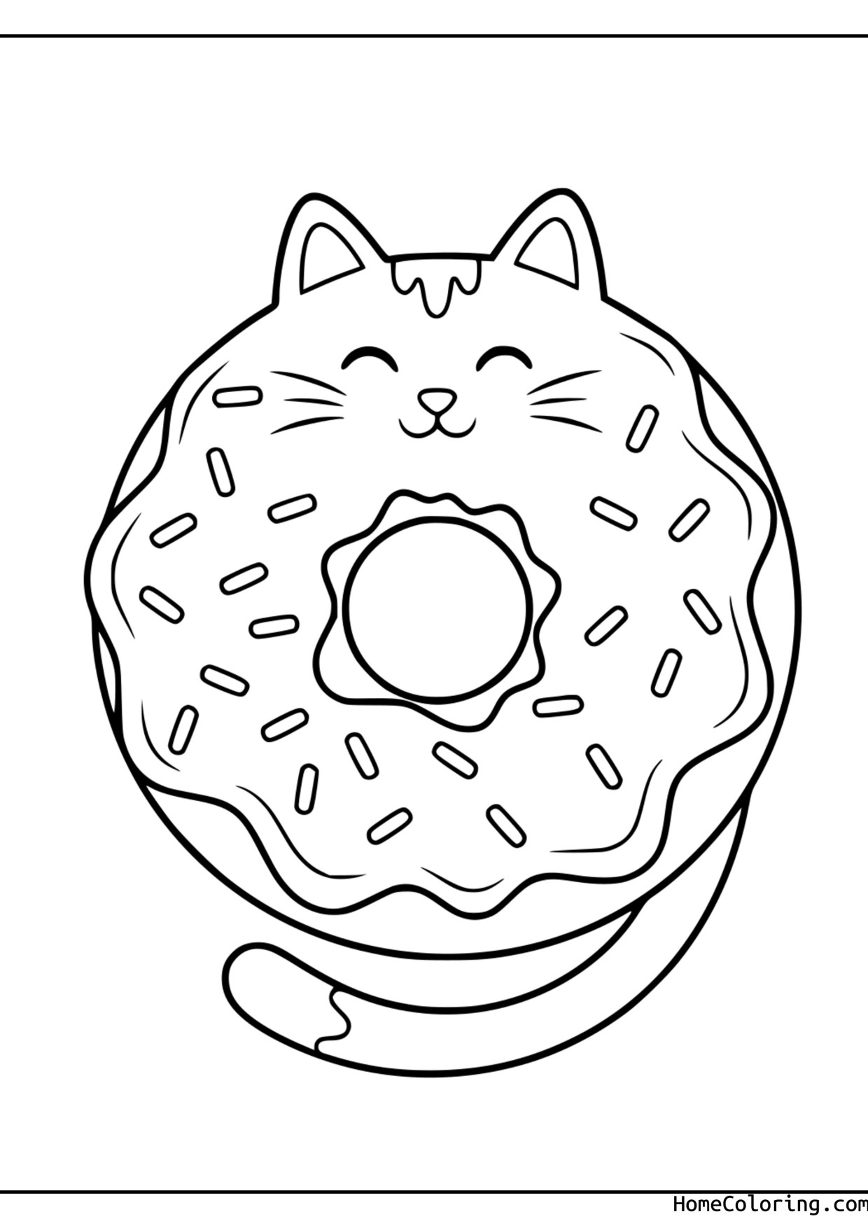 Coloring page: a cat sitting inside a big donut.
