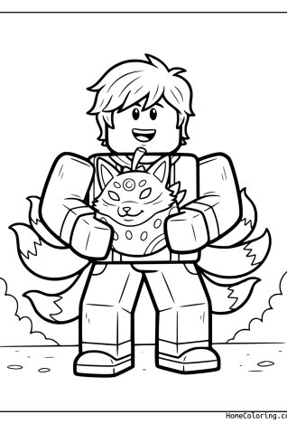 Coloring page: A blocky Roblox fighter holding a multi-tailed kitsune from Blox Fruits.
