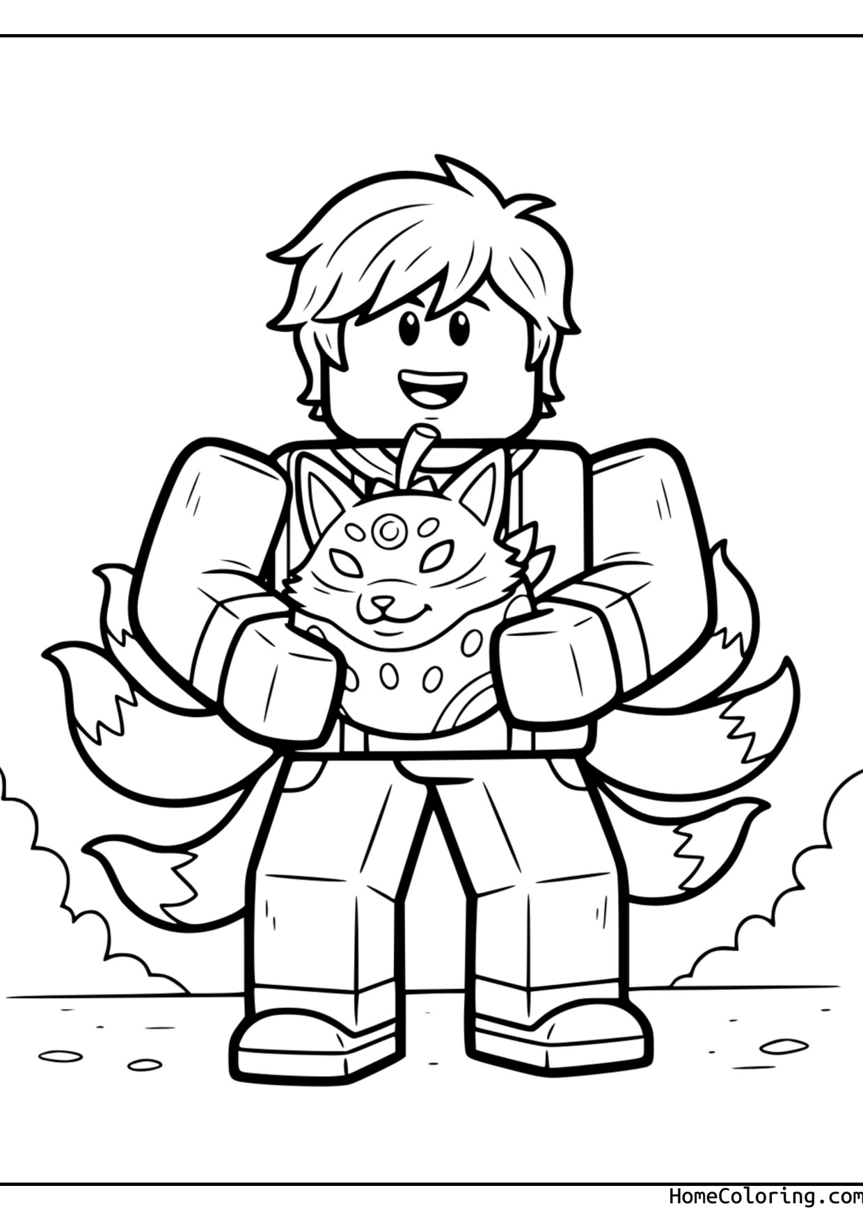 Coloring page: A blocky Roblox fighter holding a multi-tailed kitsune from Blox Fruits.