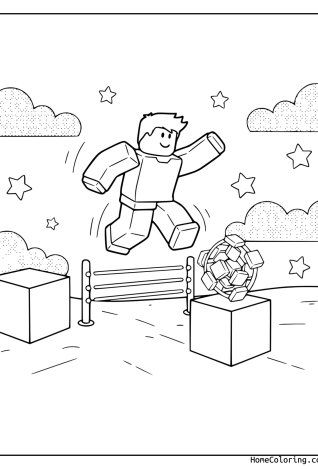 Coloring page: A Roblox character jumping over a hurdle on a race track.