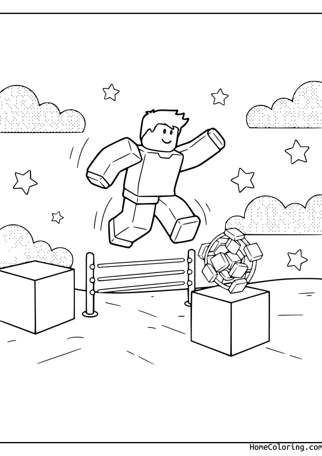 Coloring page: A Roblox character jumping over a hurdle on a race track.