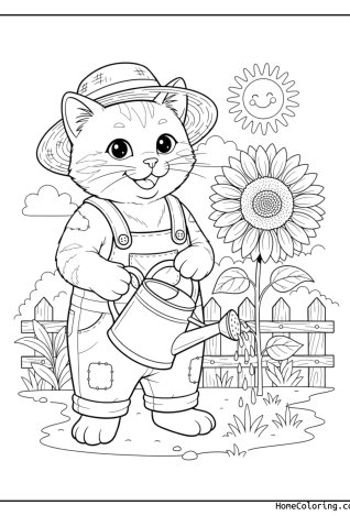 Coloring page: a cat as a farmer with a hat and pitchfork.