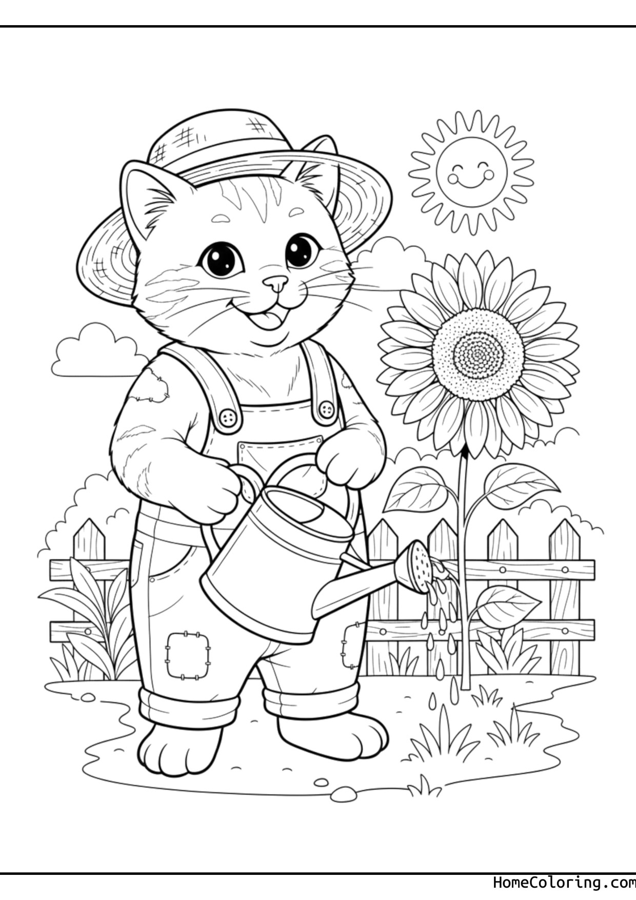 Coloring page: a cat as a farmer with a hat and pitchfork.