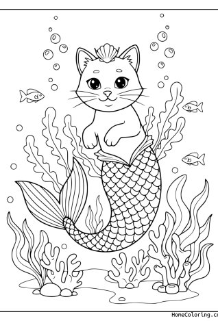Coloring page: a cat as a mermaid with a fish tail.