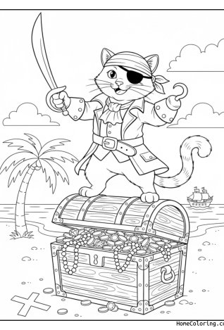 Coloring page: a cat as a pirate with a hat and a sword.