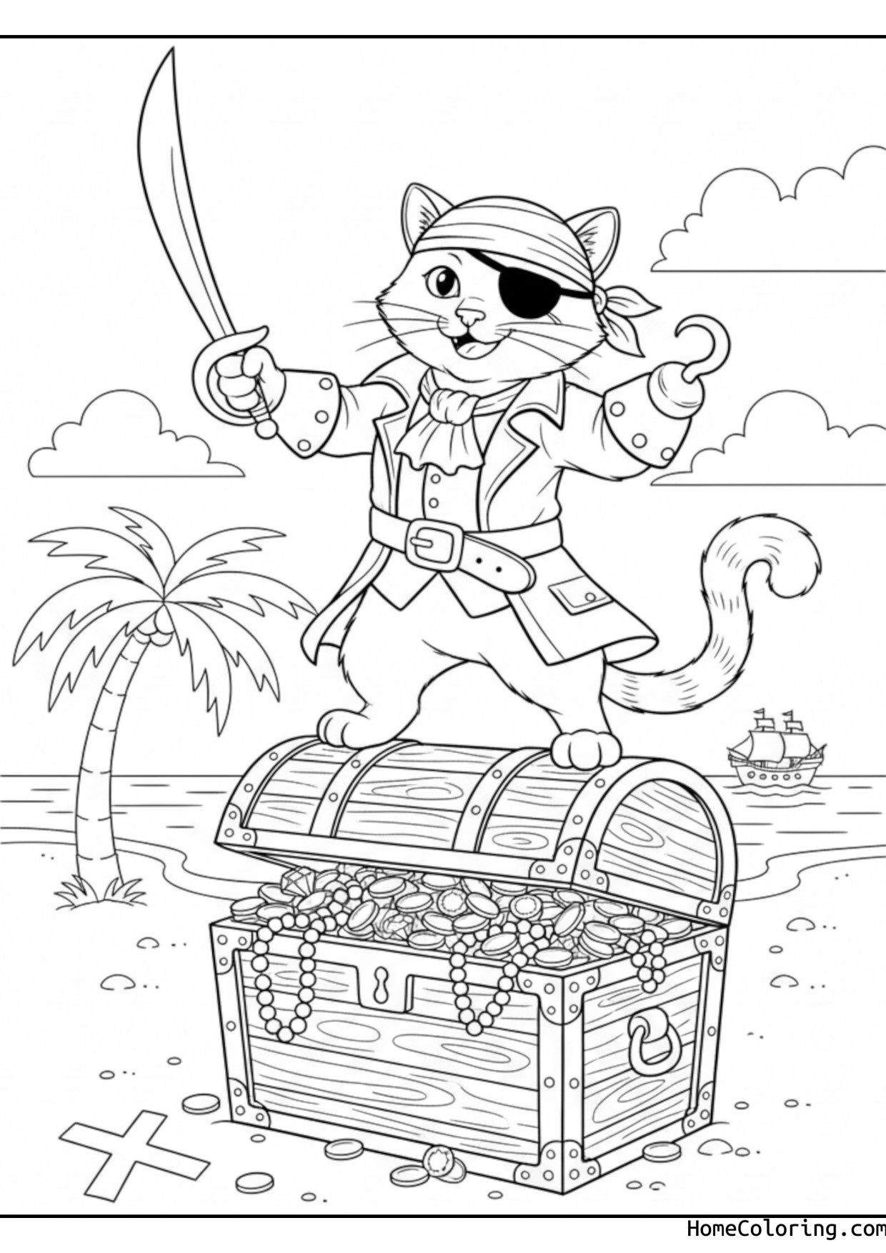 Coloring page: a cat as a pirate with a hat and a sword.