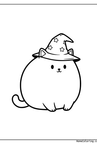 Coloring page: a very simple cat with thick outlines.