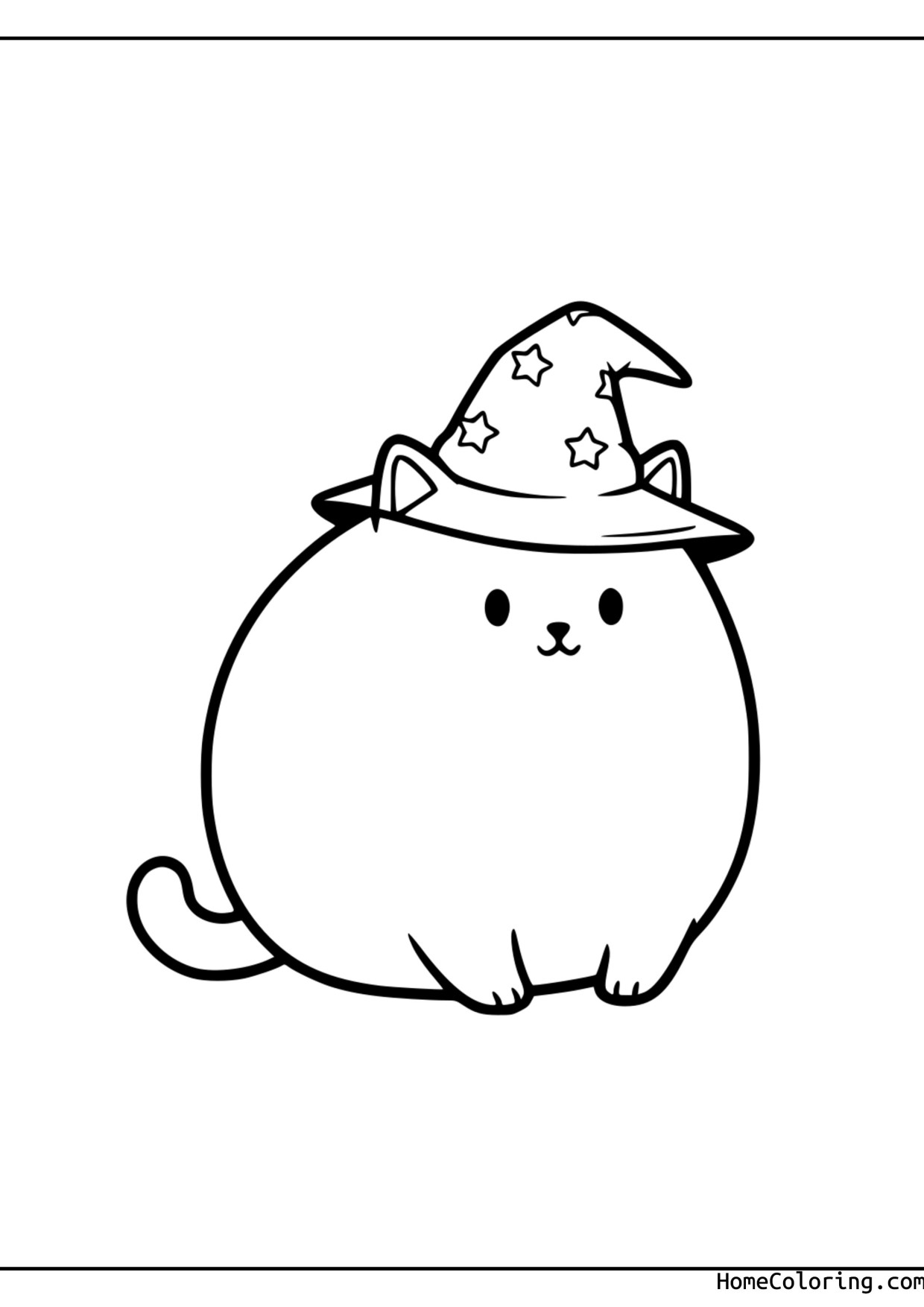 Coloring page: a very simple cat with thick outlines.