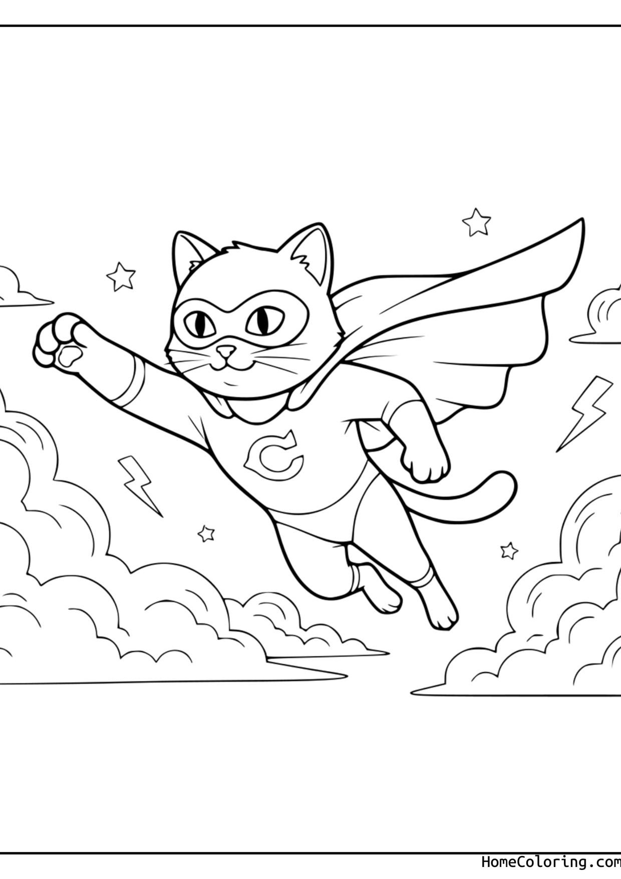 Coloring page: a cat as a superhero with a cape.