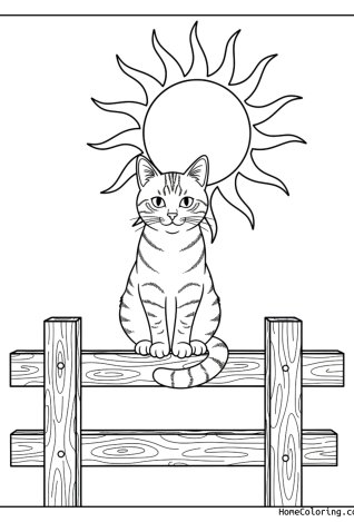 Coloring page: a tabby cat sitting on a wooden fence.