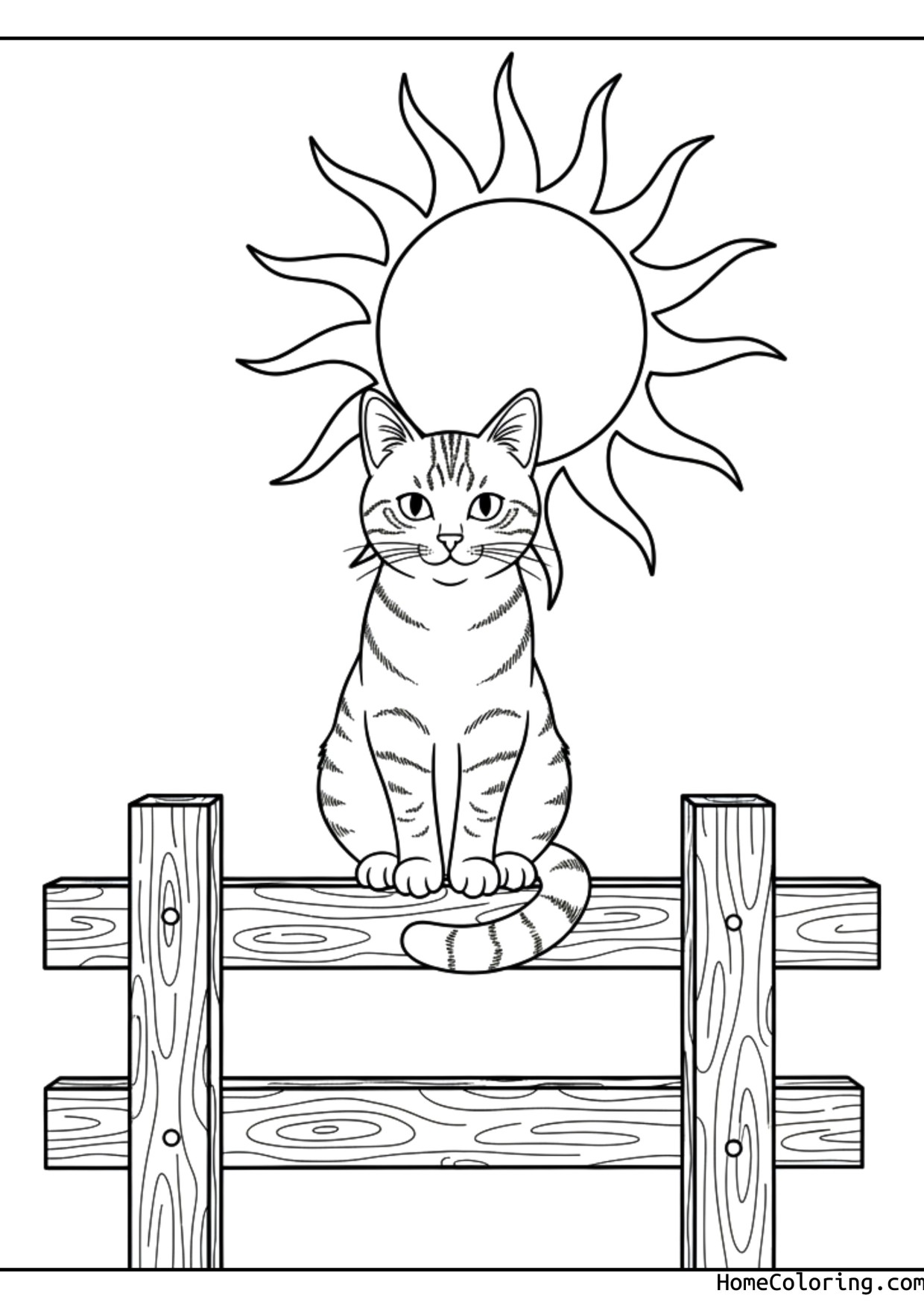 Coloring page: a tabby cat sitting on a wooden fence.