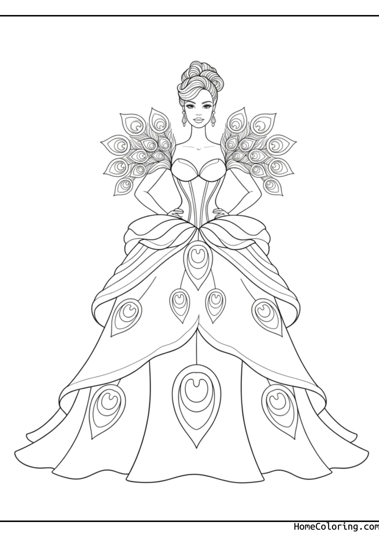 Coloring page: Barbie standing in a pretty dress.