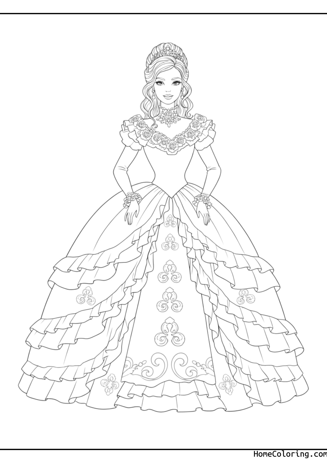 Coloring page: Barbie next to a stack of coloring books.