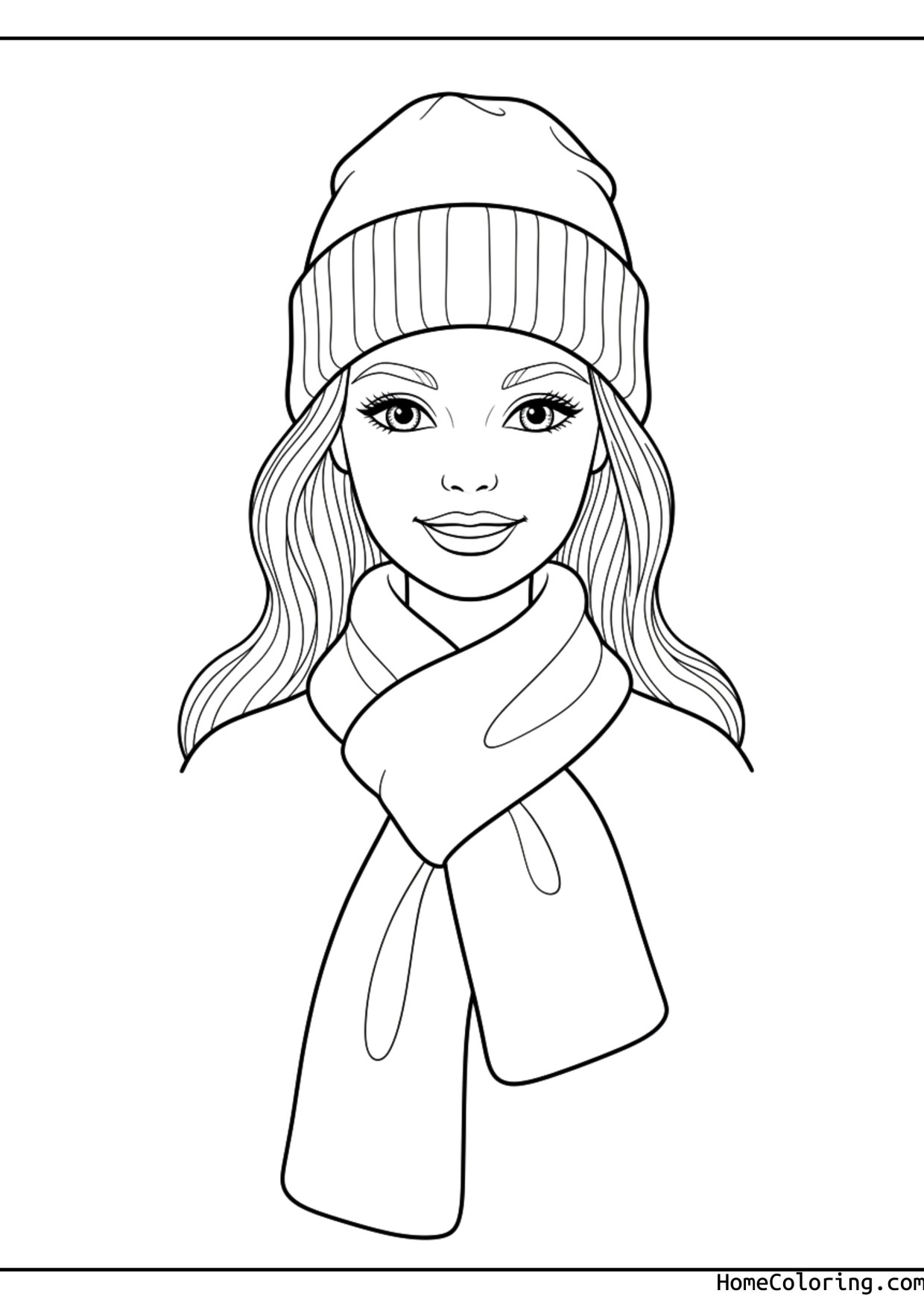 Coloring page: Barbie wearing a cosy scarf.