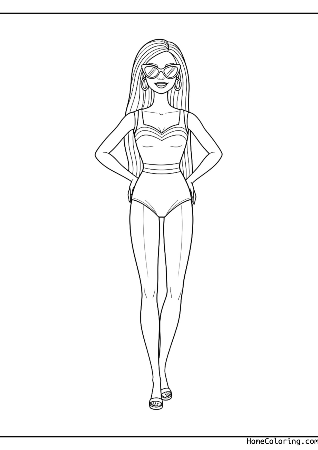 Coloring page: Barbie in a summer swimsuit by the pool.