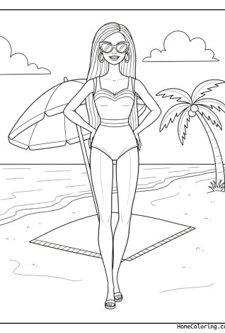 Kolorowanka: Barbie odpoczywająca na plaży.