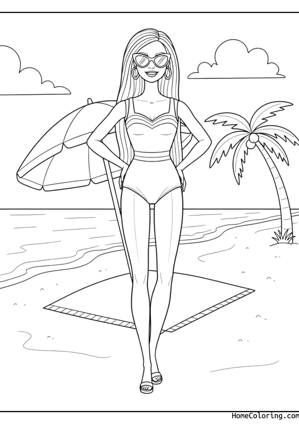 Coloring page: Barbie relaxing on the beach.