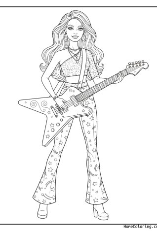 Kolorowanka: Barbie grająca na gitarze na scenie.