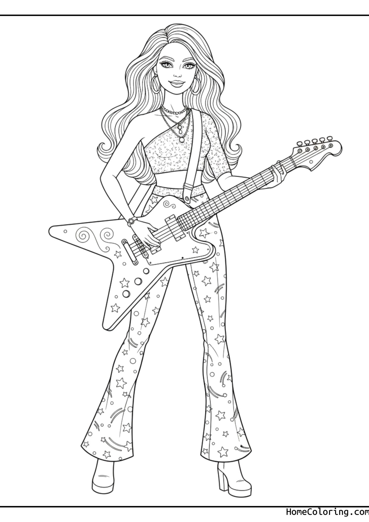 Coloring page: Barbie playing a guitar on stage.