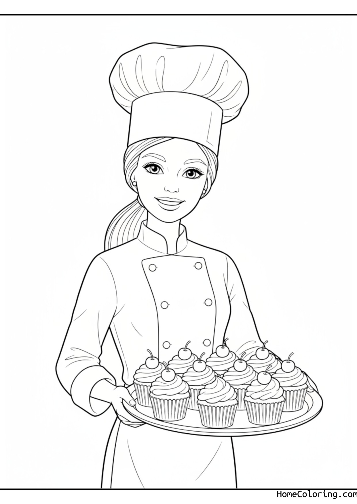 Coloring page: Barbie holding a tray of cupcakes.