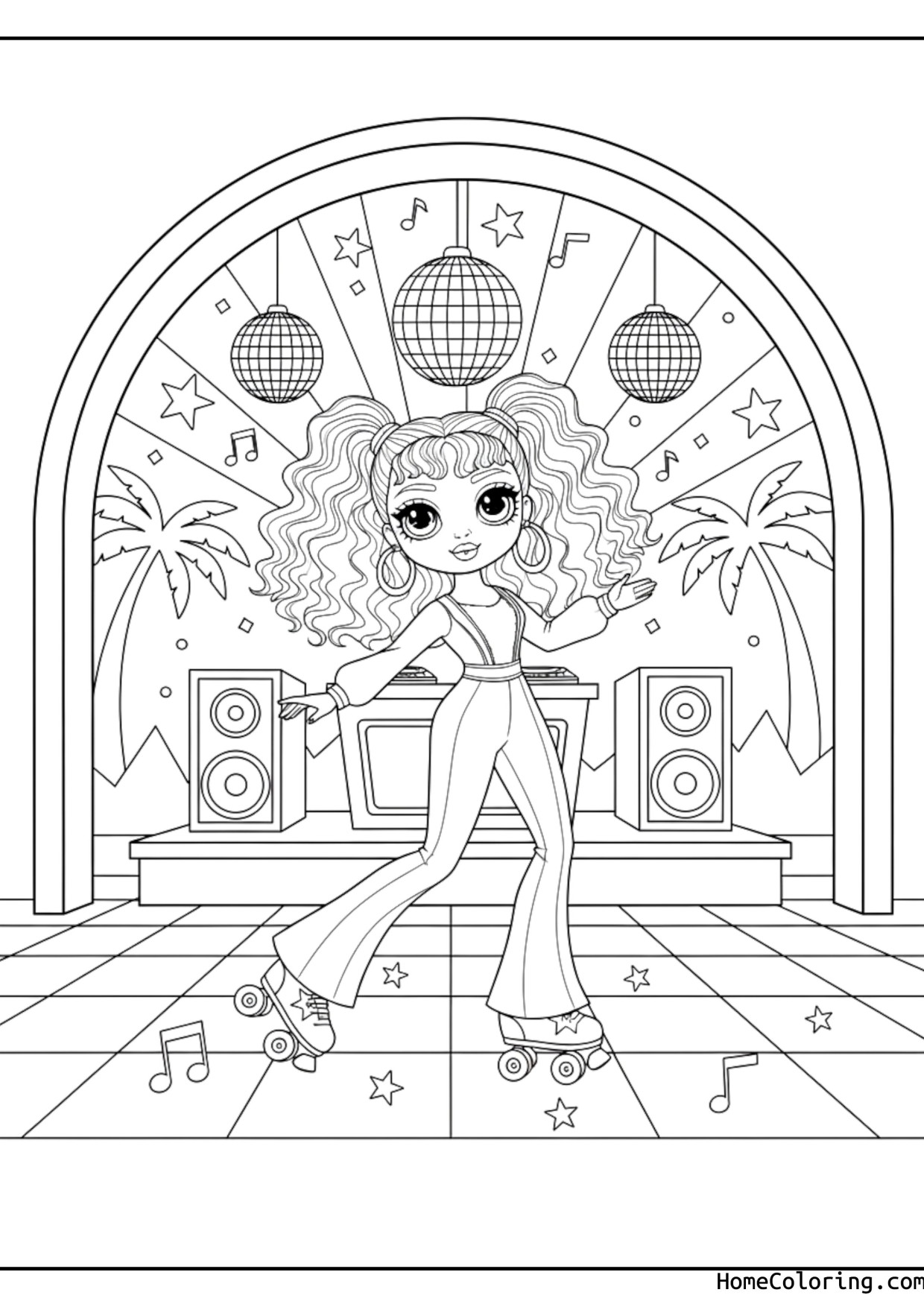 Coloring page: Barbie roller skating with disco lights.
