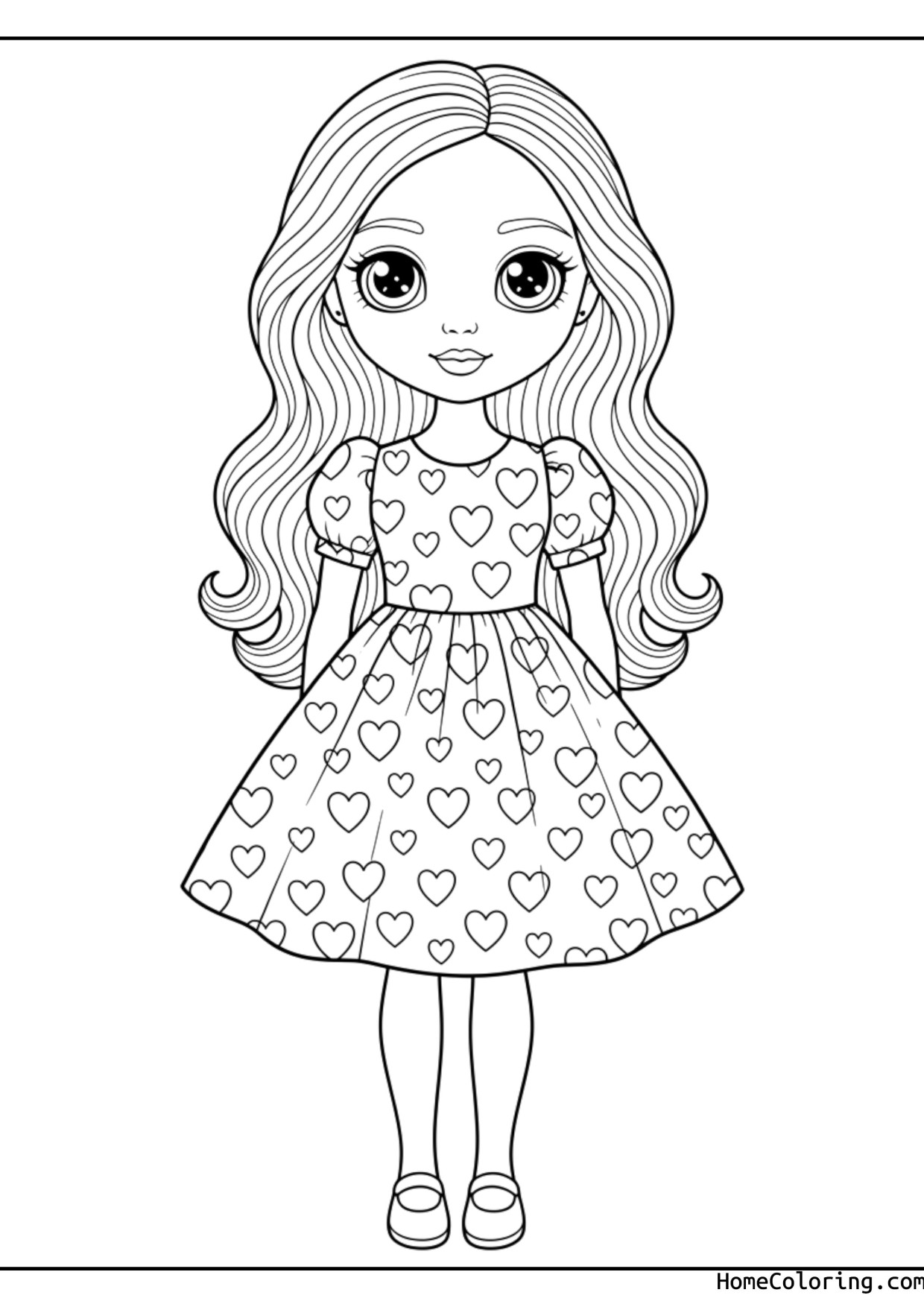 Coloring page: Barbie in a dress with a heart pattern.