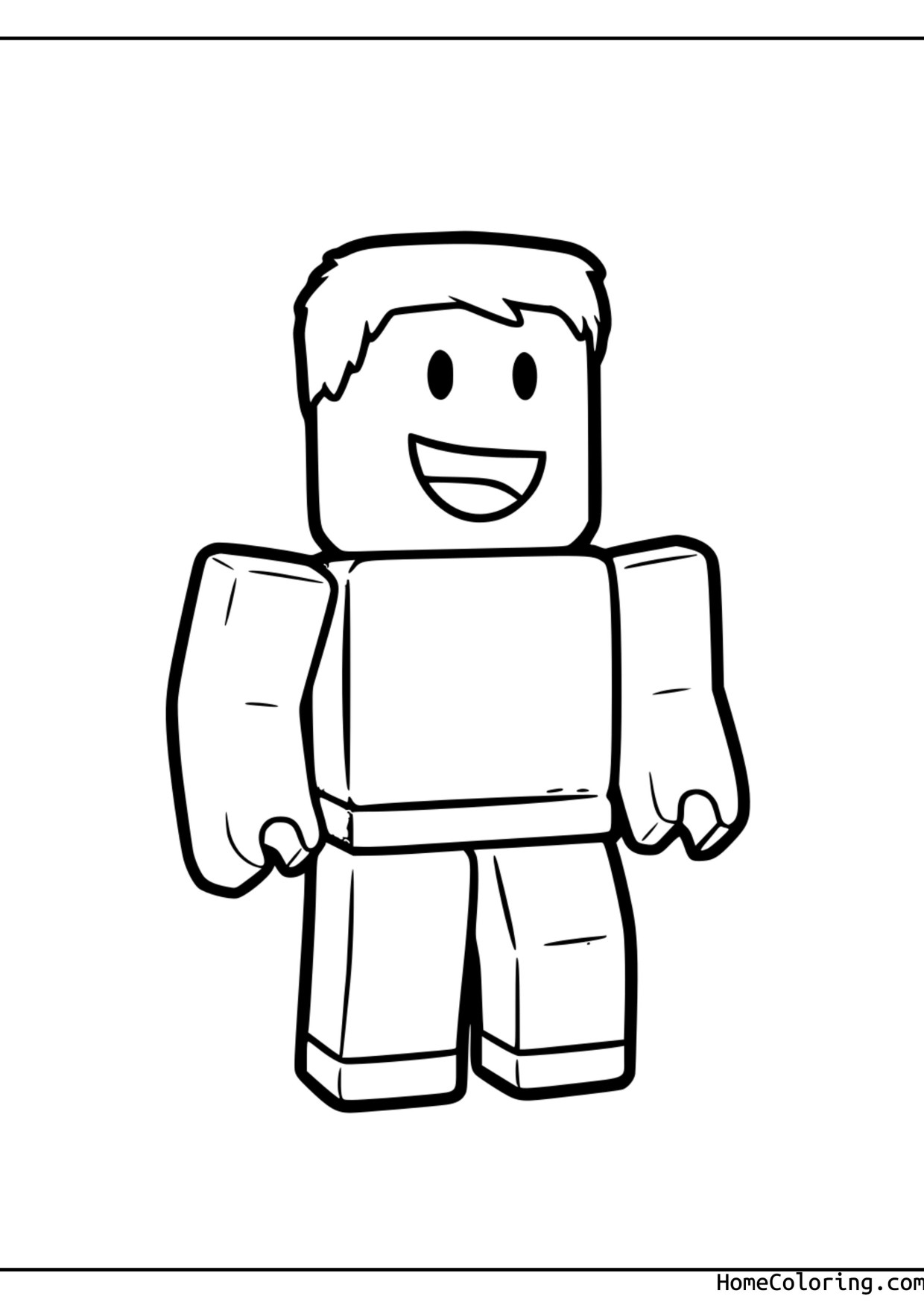 Coloring page: A smiling classic Roblox avatar with blocky arms.
