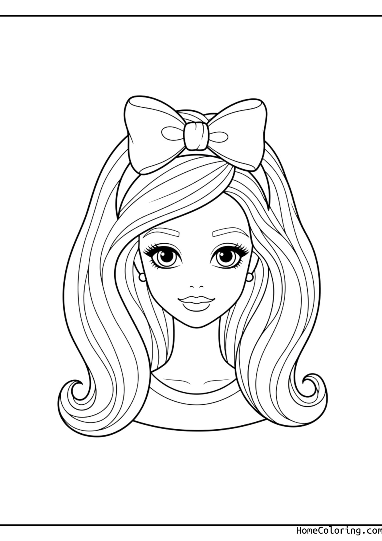 Coloring page: a big portrait of Barbie with a large bow.
