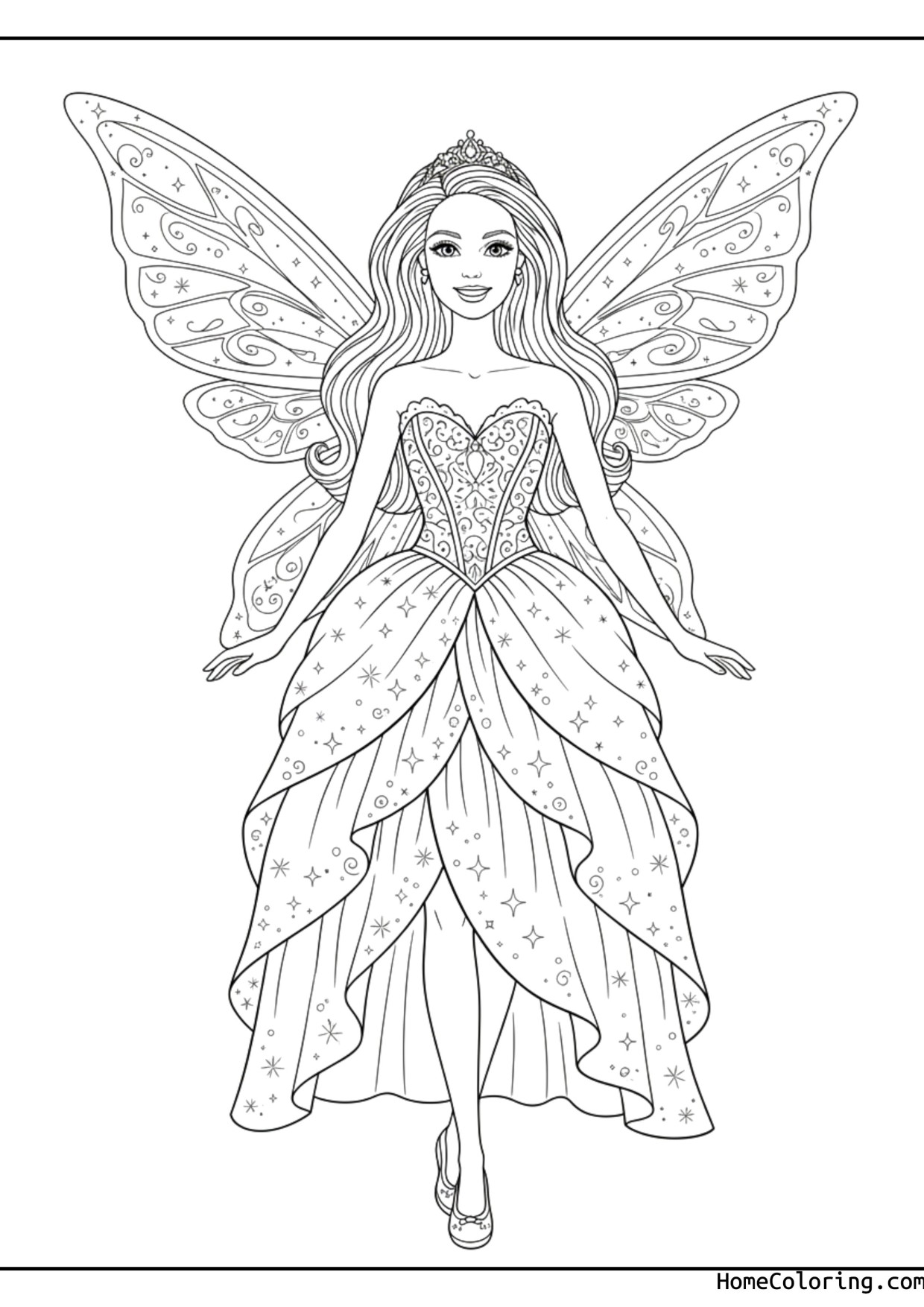 Coloring page: Barbie as a fairy with wings and a wand.