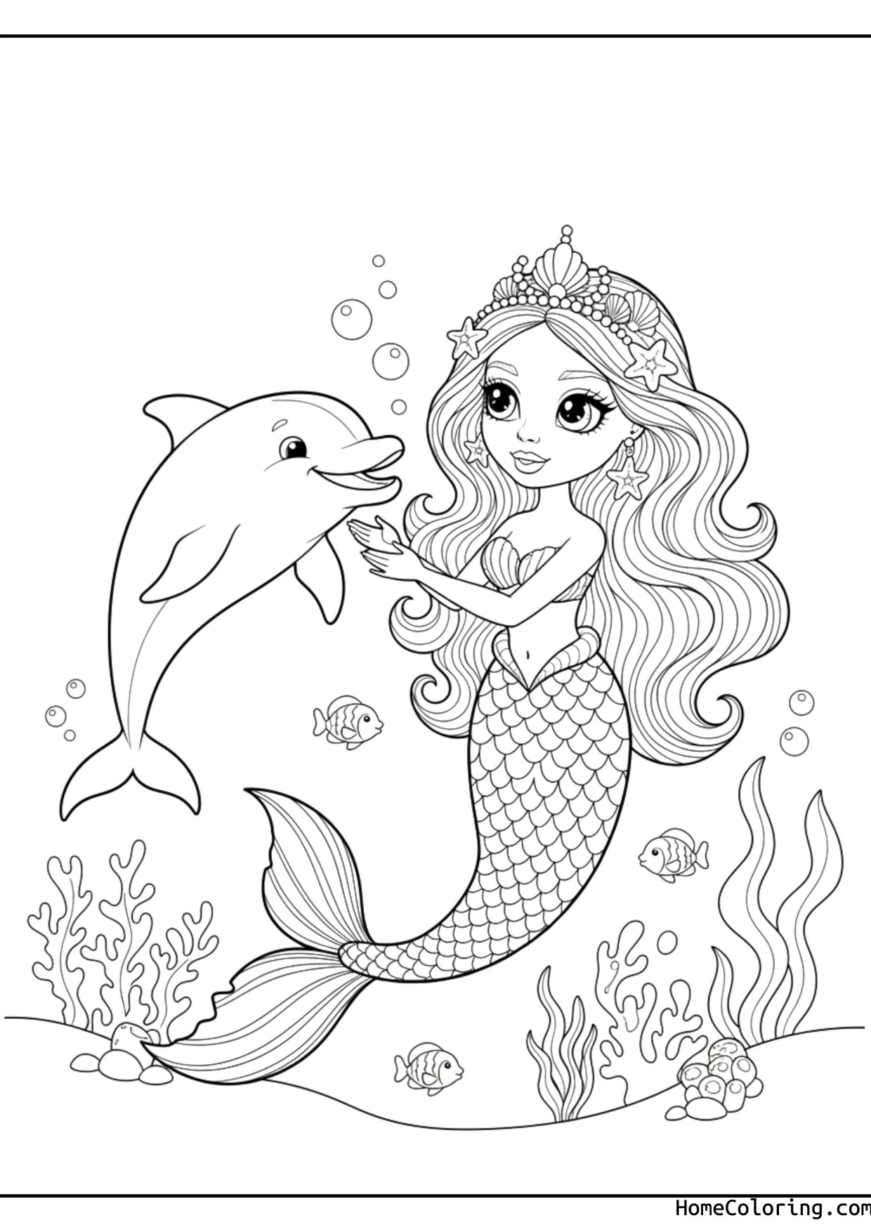 Coloring page: Barbie as a mermaid swimming with a dolphin.