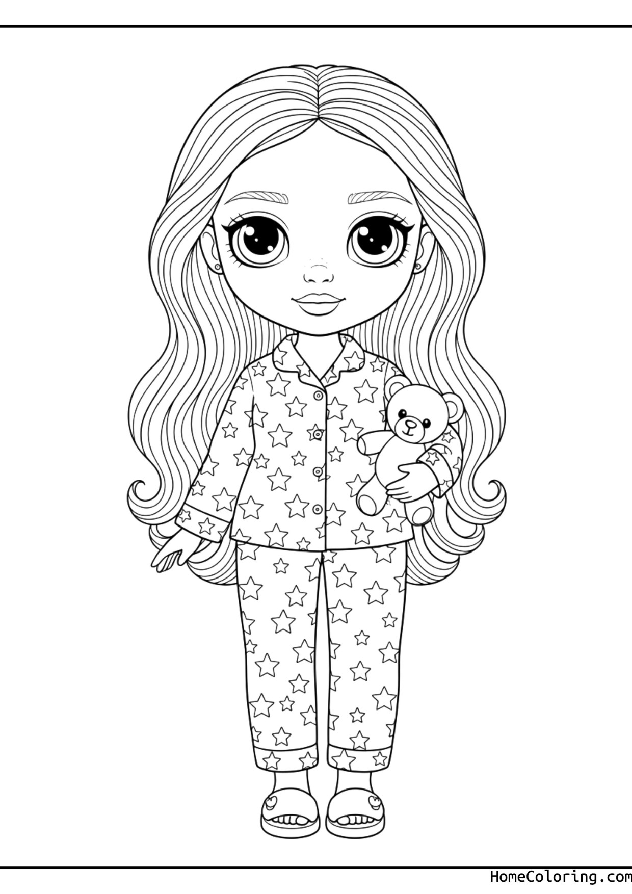 Coloring page: Barbie in pajamas holding a teddy bear.