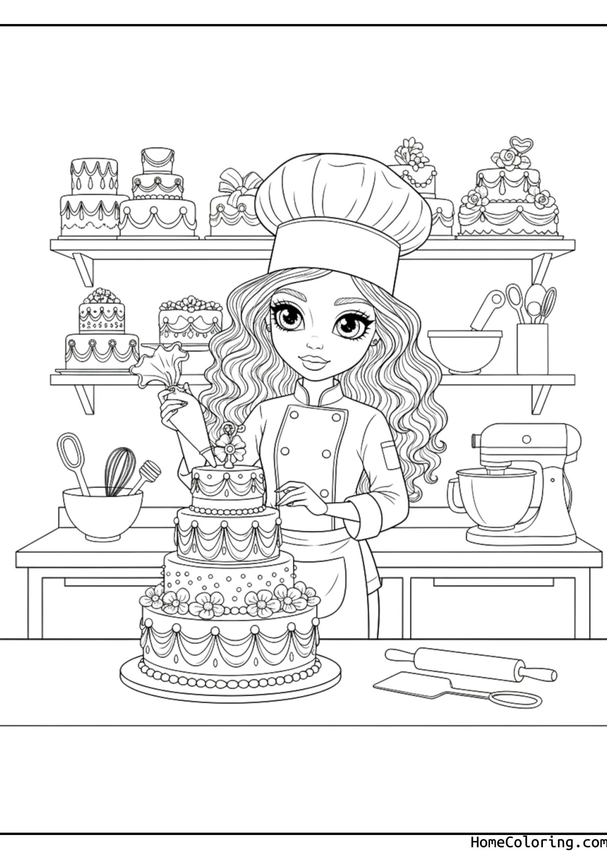 Coloring page: Barbie as a pastry chef baking cakes.
