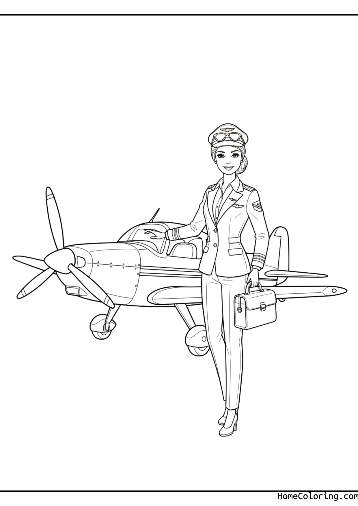 Coloring page: Barbie as a pilot next to an airplane.