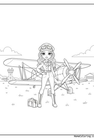 Kolorowanka: Barbie jako pilotka na lotnisku z dwupłatowcem.