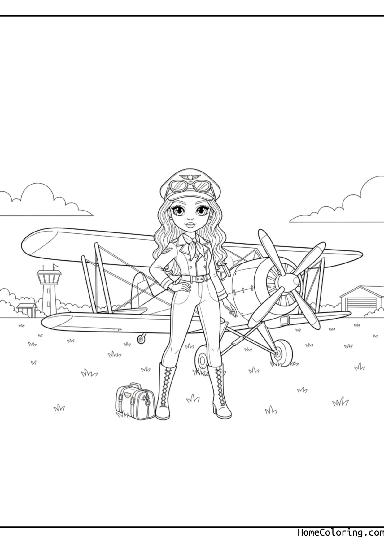 Coloring page: Barbie as a pilot at the airport with a biplane.
