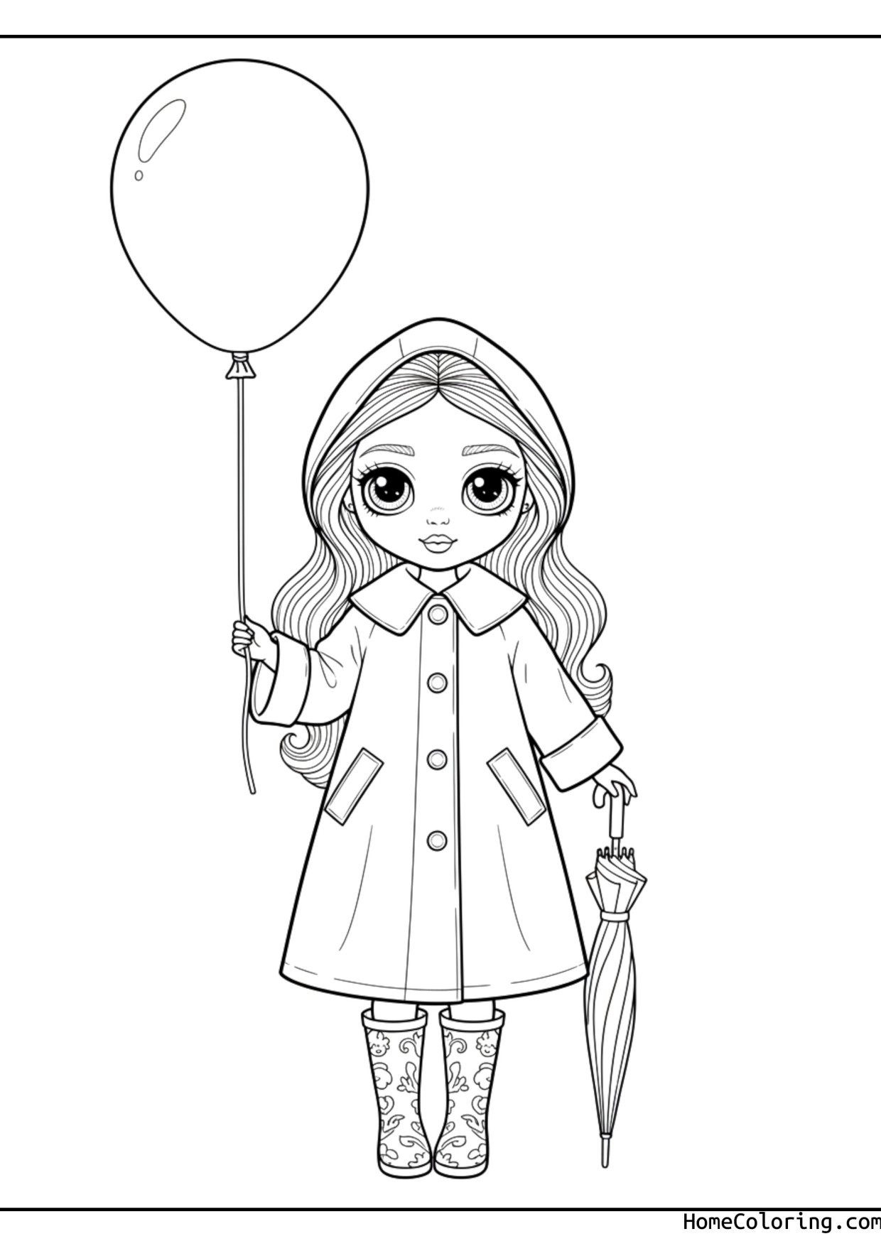 Coloring page: Barbie with an umbrella and a balloon in the rain.