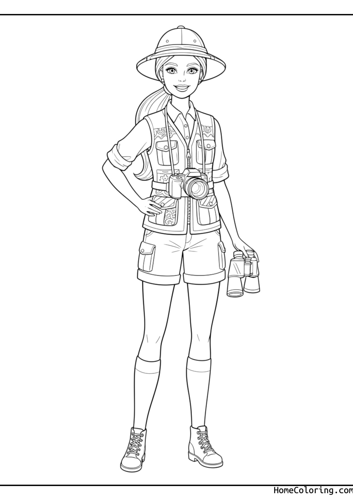 Coloring page: Barbie as a safari explorer in the wild.