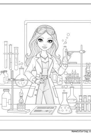 Coloring page: Barbie as a scientist in a chemistry lab.