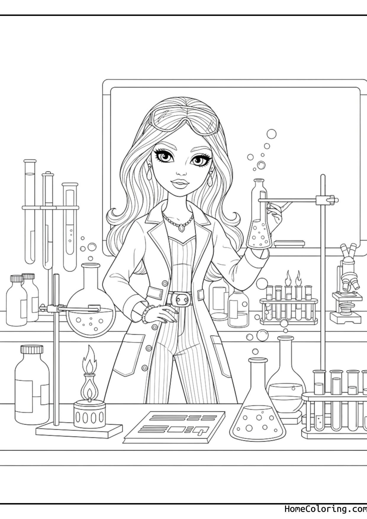 Coloring page: Barbie as a scientist in a chemistry lab.