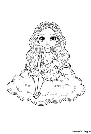 Coloring page: Barbie sitting on a fluffy cloud.