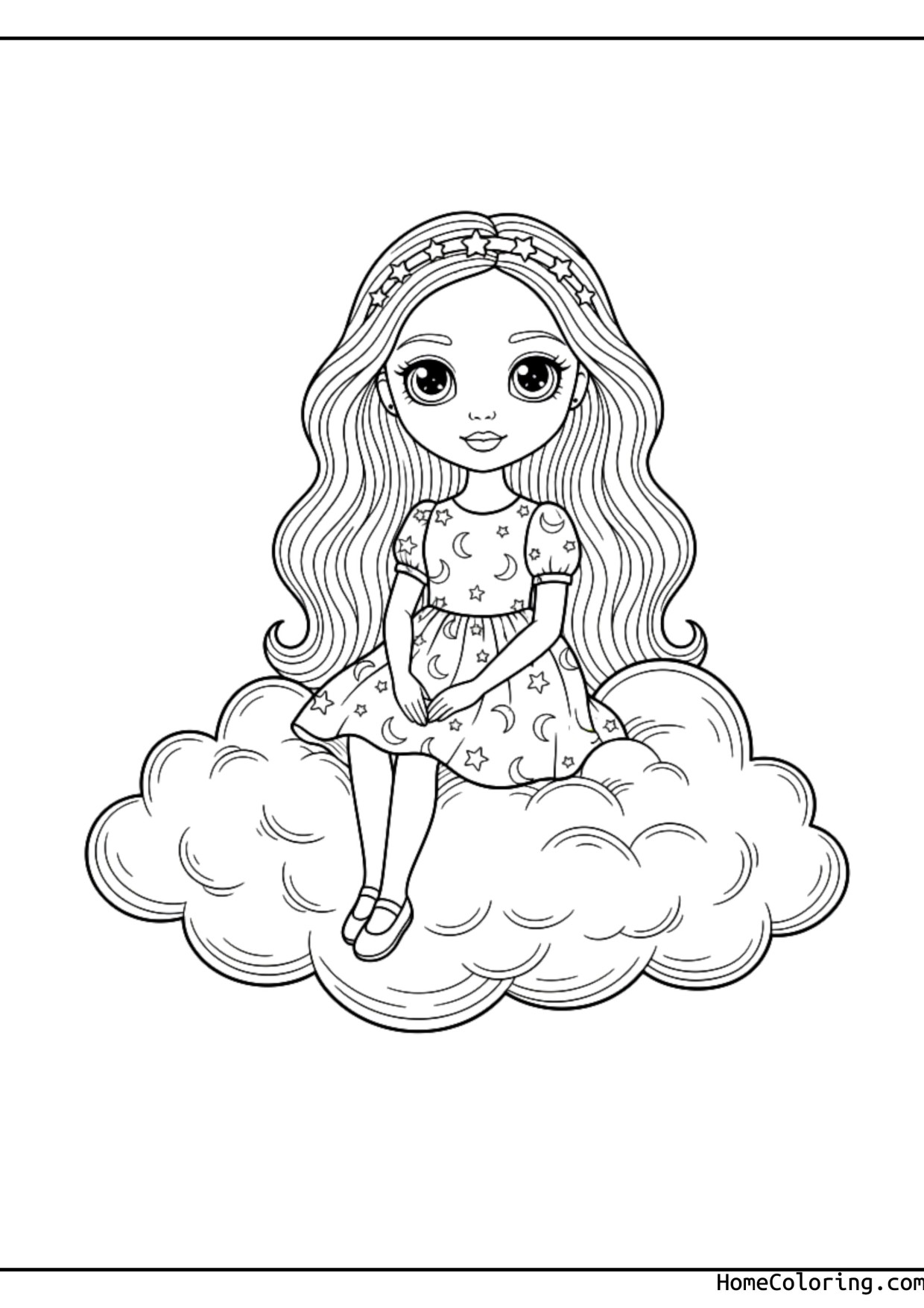 Coloring page: Barbie sitting on a fluffy cloud.
