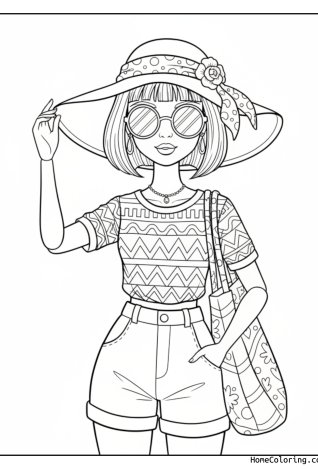 Coloring page: Barbie in summer fashion with a sun hat.
