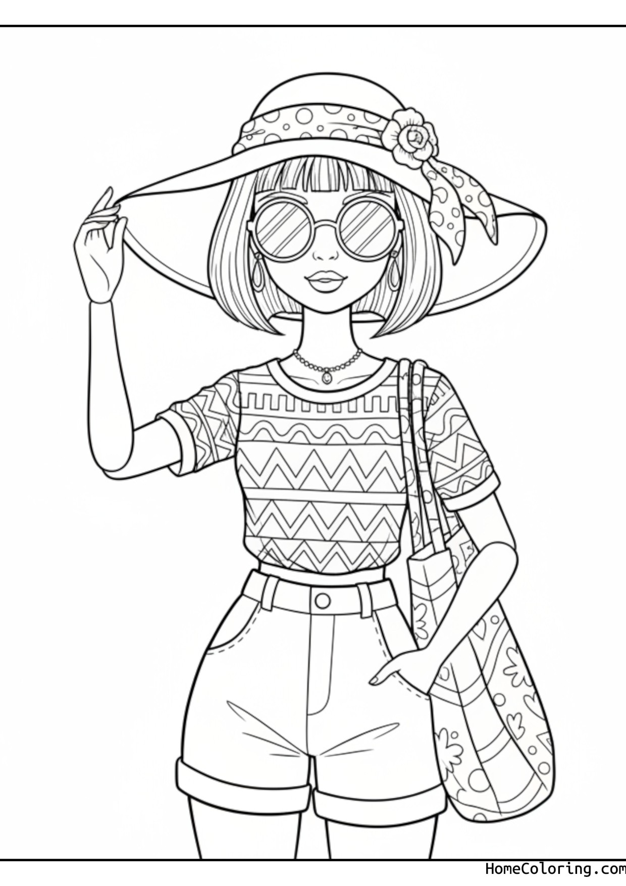 Coloring page: Barbie in summer fashion with a sun hat.