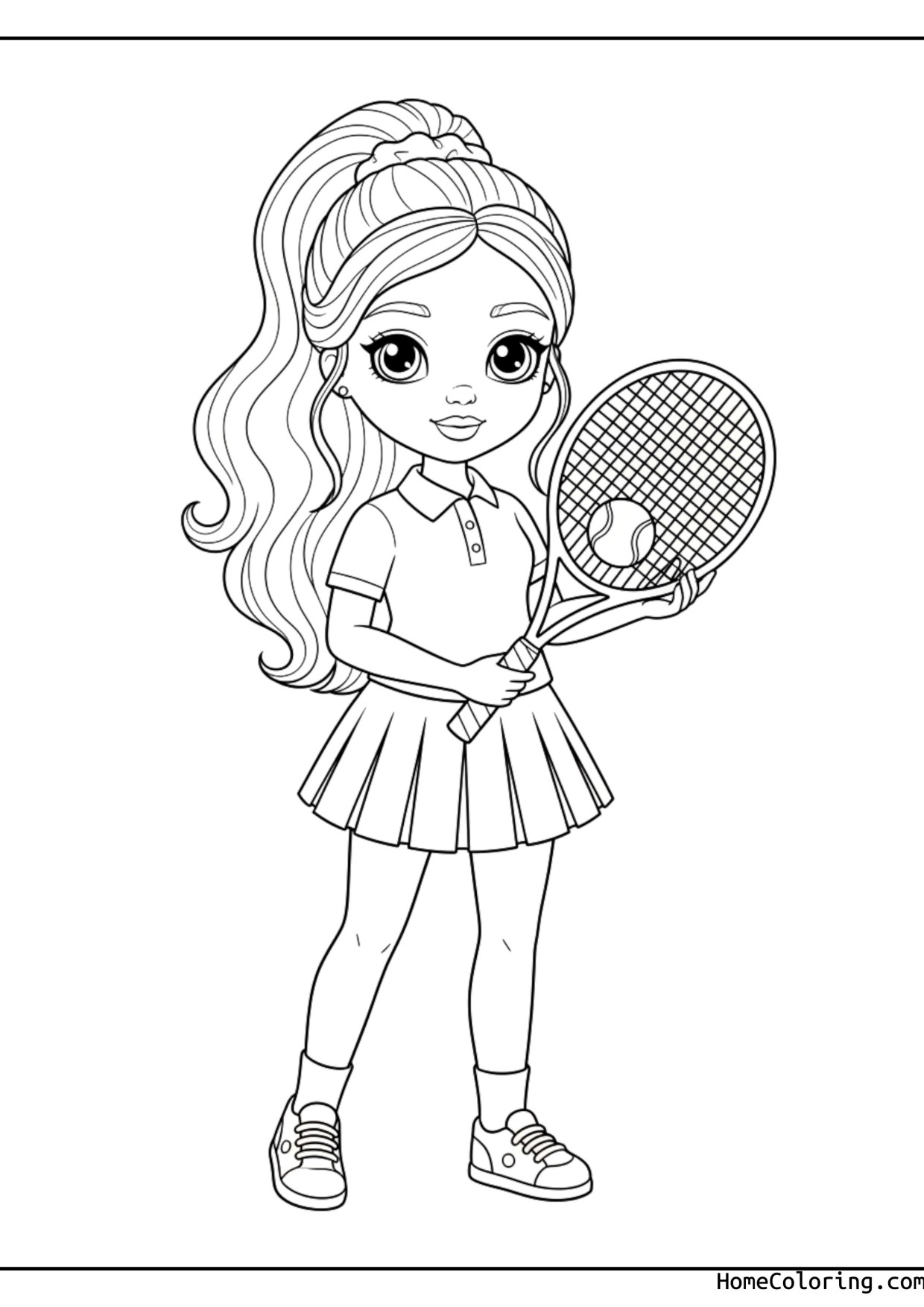 Coloring page: Barbie playing tennis.