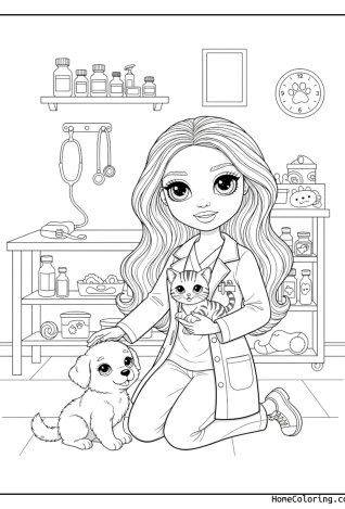 Coloring page: Barbie as a veterinarian caring for a pet.