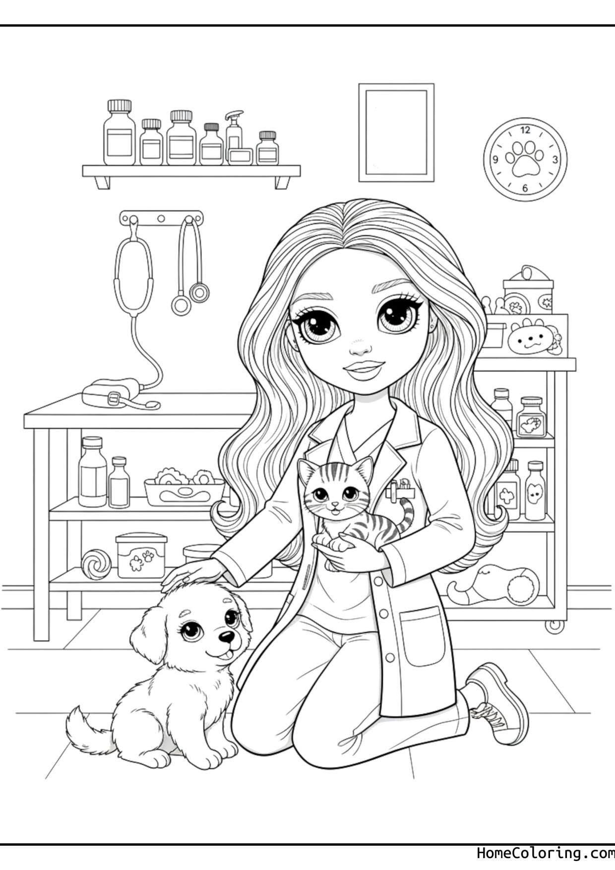 Coloring page: Barbie as a veterinarian caring for a pet.