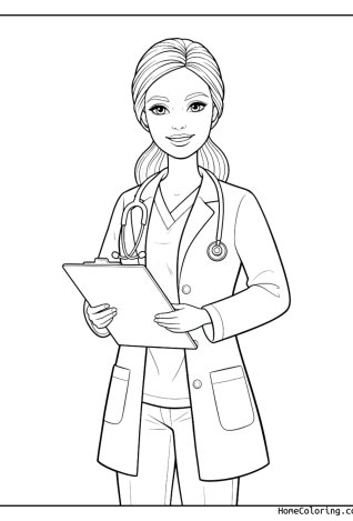 Coloring page: Barbie as a doctor with a stethoscope.