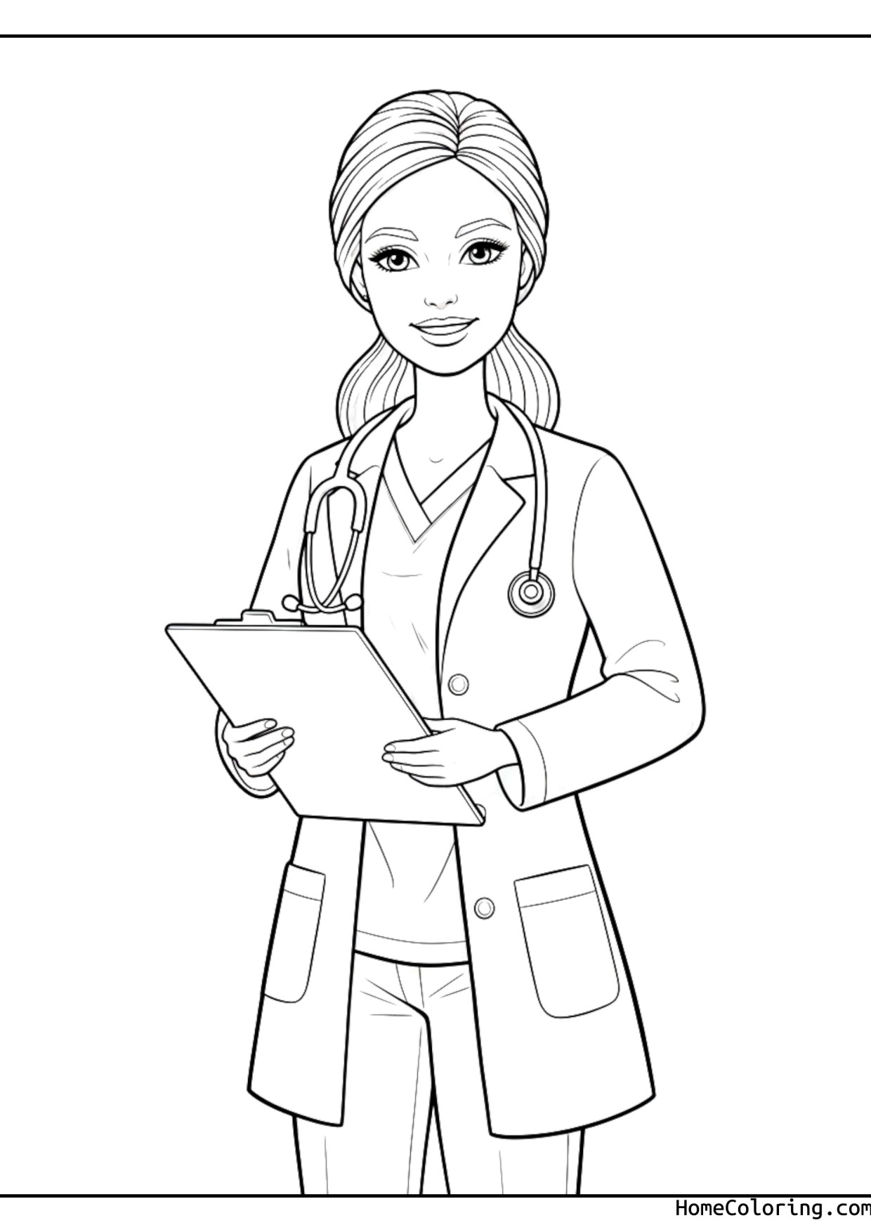 Coloring page: Barbie as a doctor with a stethoscope.