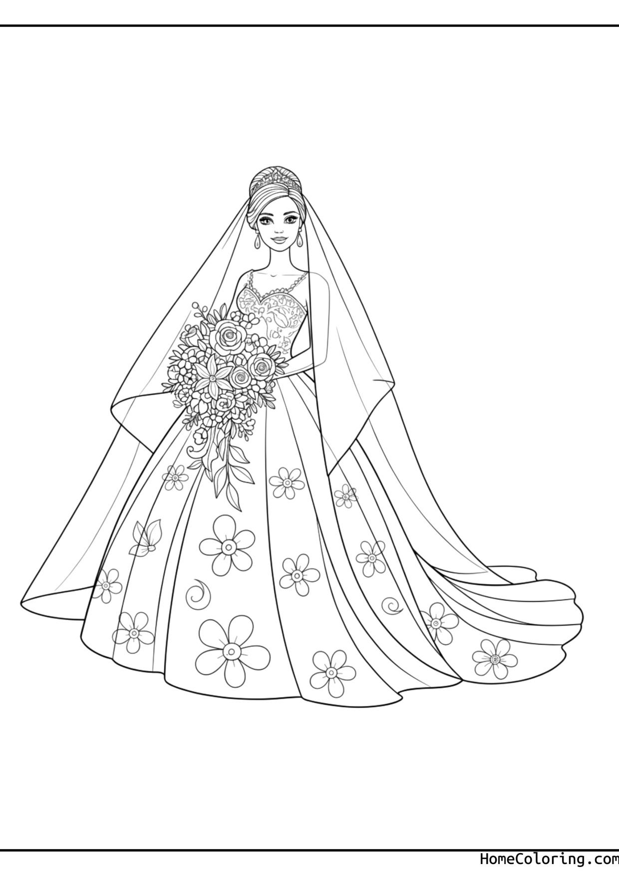 Coloring page: Barbie wearing a beautiful long dress.
