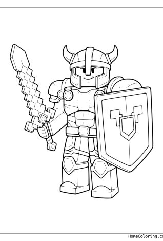 Coloring page: A Roblox knight with a winged helmet, a sword and a crest shield.